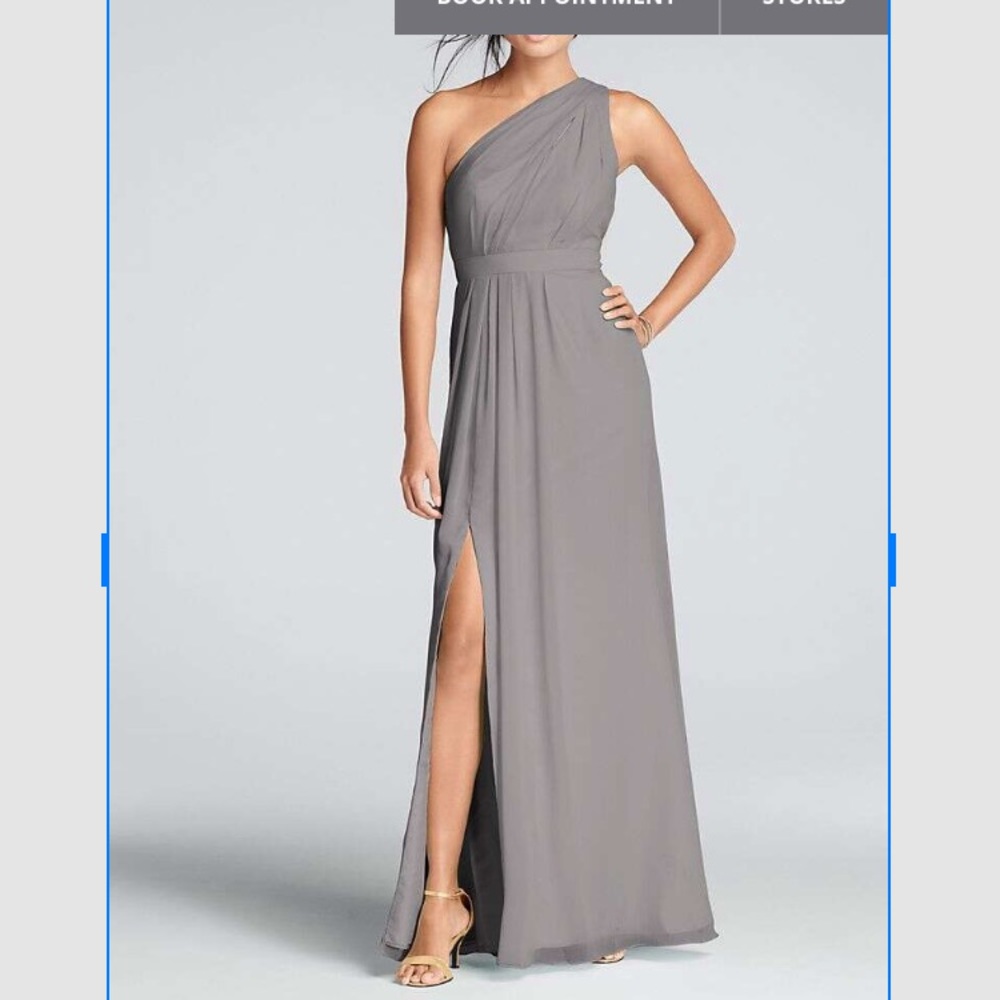 Grey David’s bridal long one shoulder crinkle dres